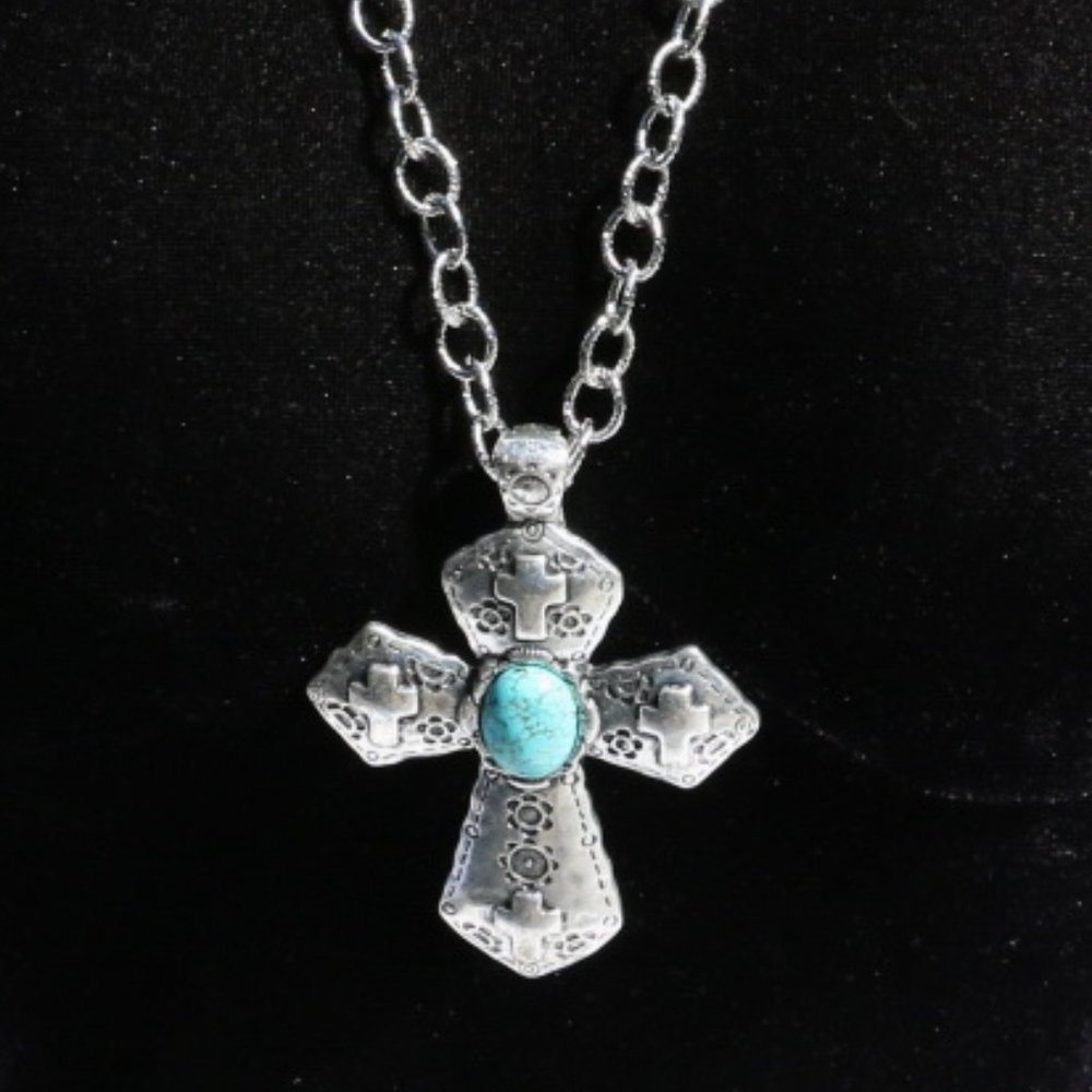 NEW! Long Chunky Boho Turquoise Cross Necklace